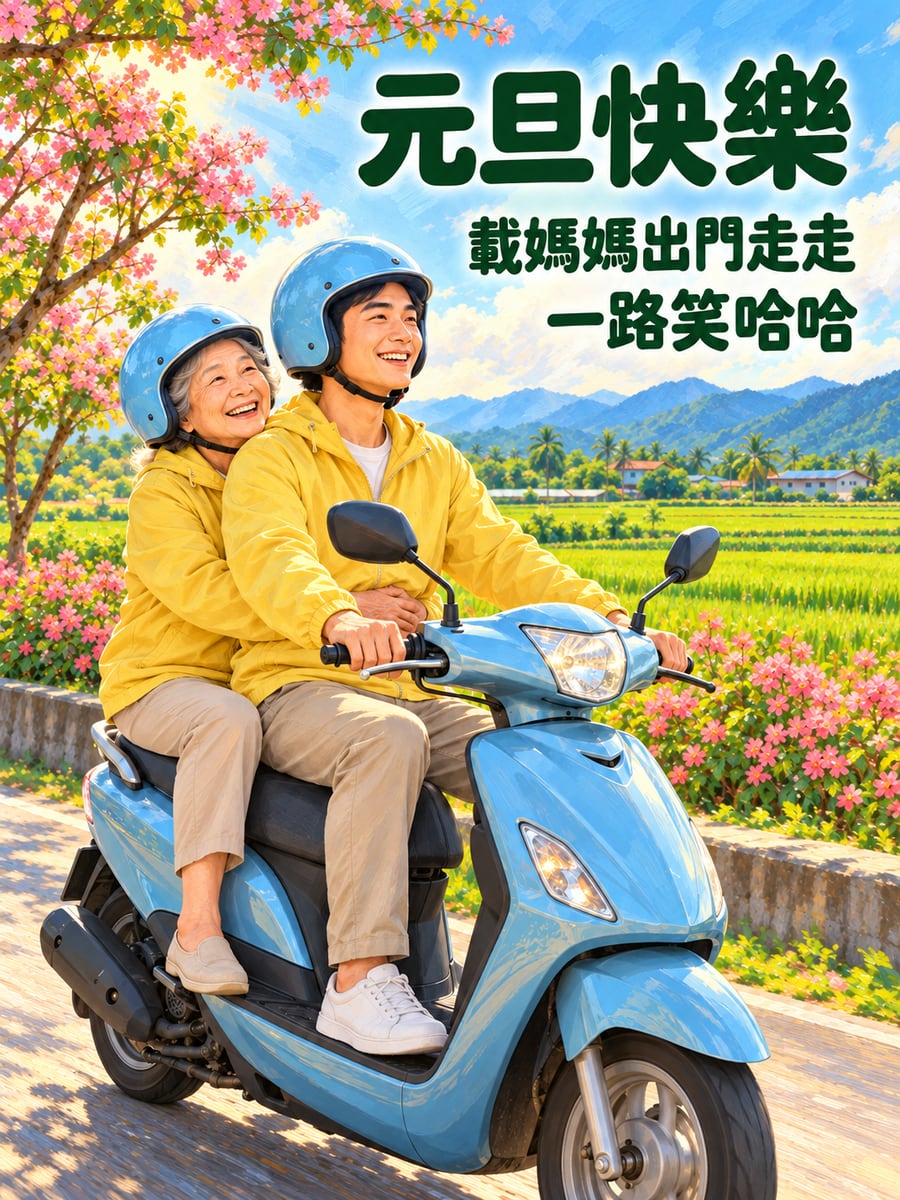 騎機車載媽媽出門。圖中文字：元旦快樂，載媽媽出門走走，一路笑哈哈
