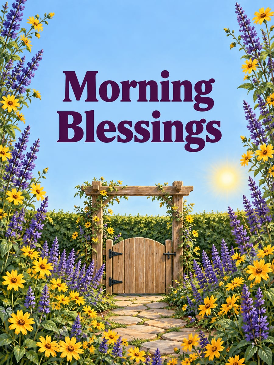 Happy Friday greeting image: wooden arbor gate at the end of a flagstone path lined with purple salvia and yellow tickseed. It says “Morning Blessings”