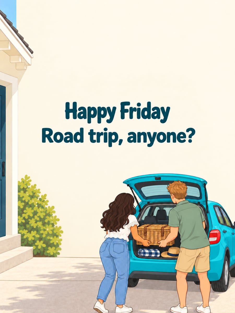 Happy Friday greeting image: couple seen from behind loading a picnic basket into a small made-up car. It says “Happy Friday” and “Road trip, anyone?”