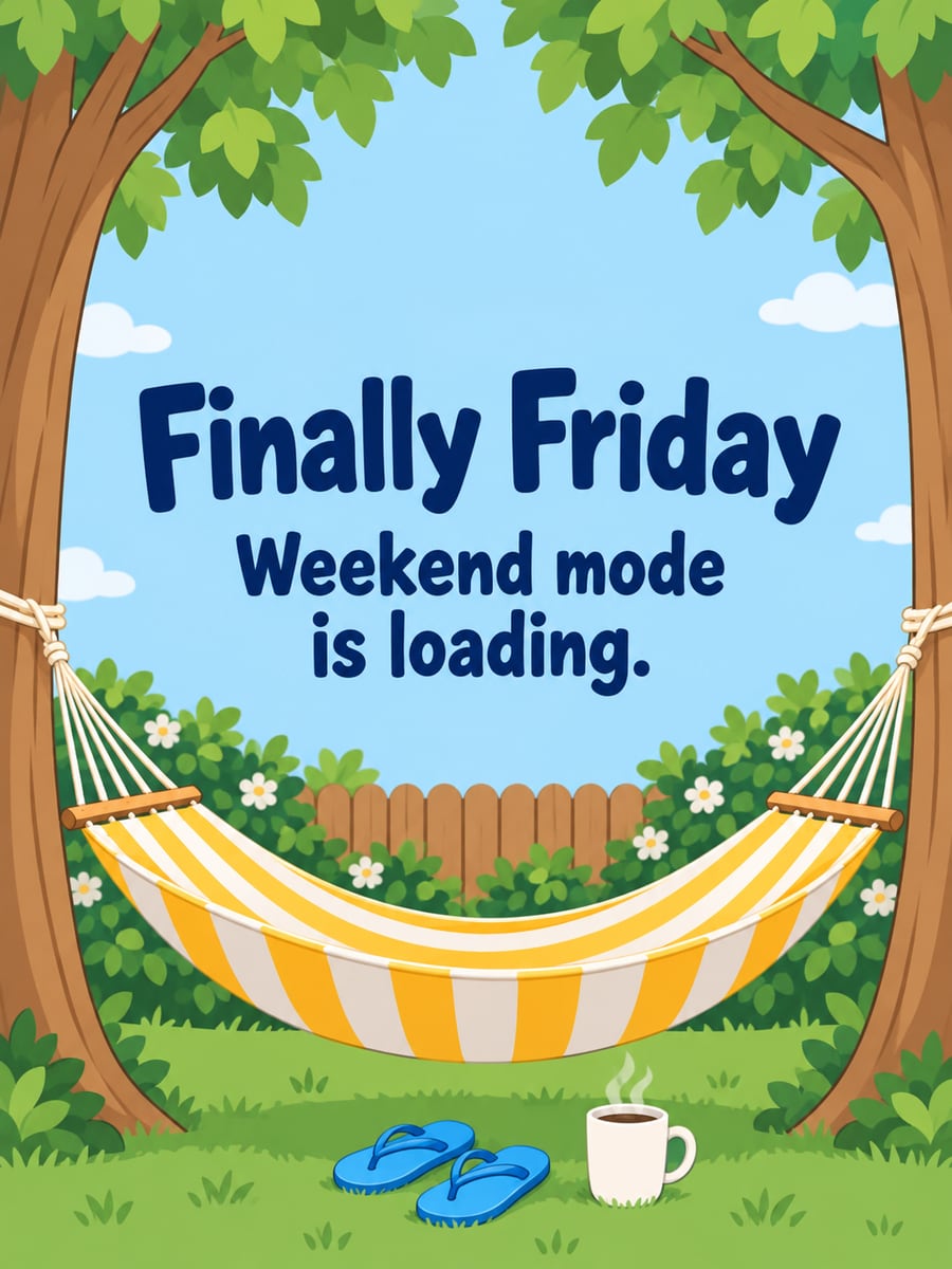 Happy Friday greeting image: striped hammock between two shade trees with flip-flops and a mug underneath. It says “Finally Friday” and “Weekend mode is loading.”
