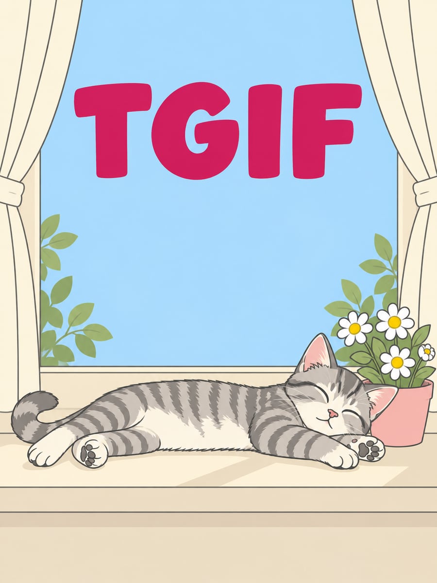 Happy Friday greeting image: silver-gray tabby kitten stretched out on a sunny windowsill beside a pot of daisies. It says “TGIF”