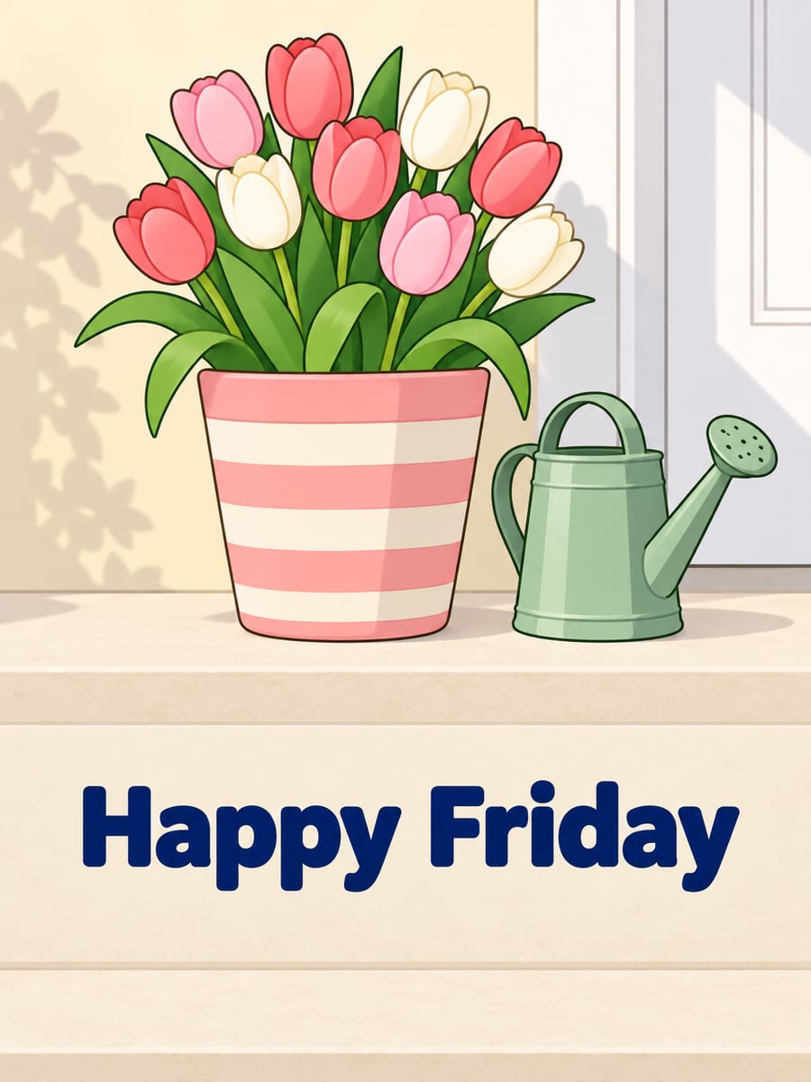 Happy Friday greeting image: pink and coral tulips in a striped pot on a front step. It says “Happy Friday”