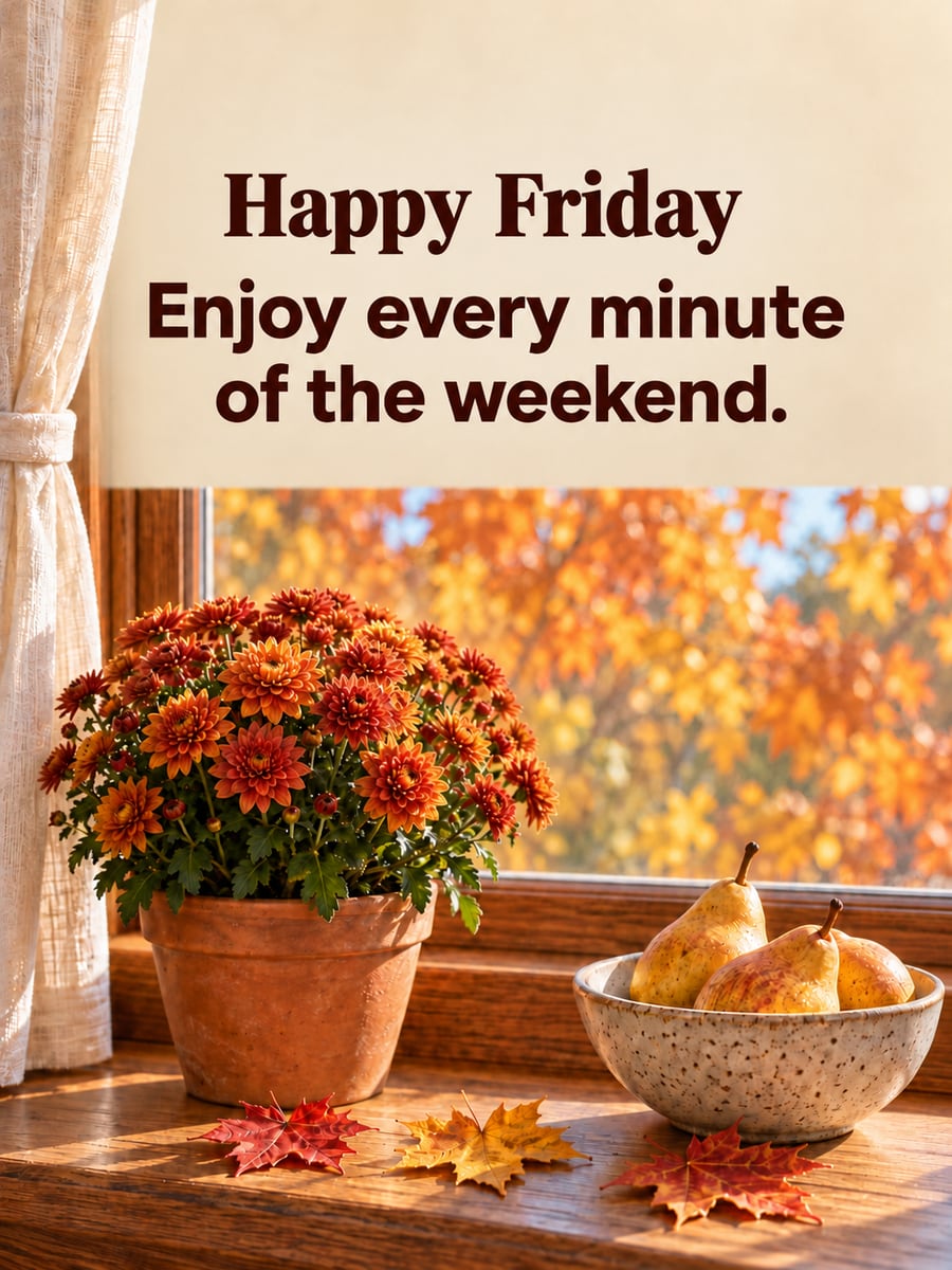 Happy Friday greeting image: clay pot of rust mums and a bowl of golden pears on a sunny oak windowsill. It says “Happy Friday” and “Enjoy every minute of the weekend.”