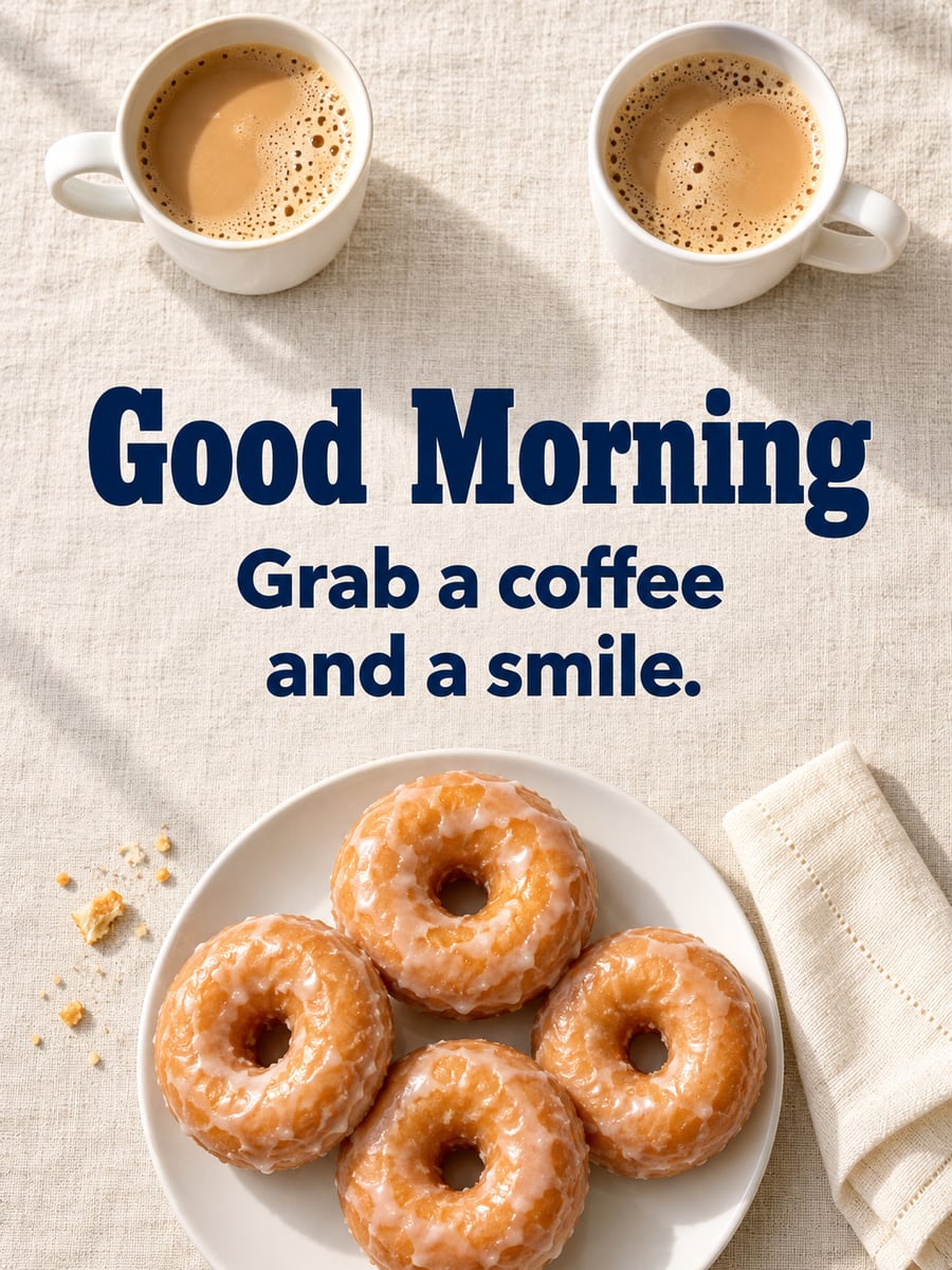Happy Friday greeting image: two mugs of coffee and a plate of glazed donuts seen from overhead. It says “Good Morning” and “Grab a coffee and a smile.”
