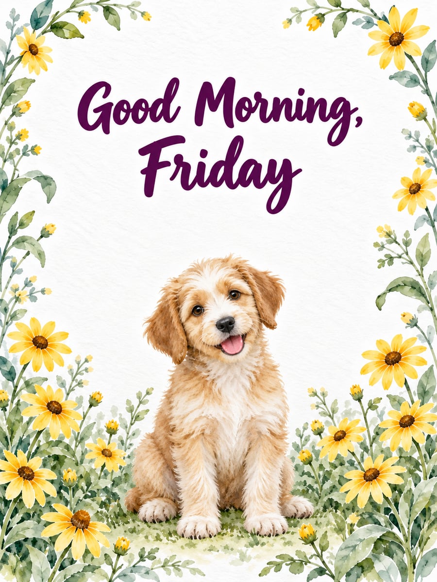 Happy Friday greeting image: fluffy cream-and-tan puppy sitting in yellow daisies. It says “Good Morning, Friday”