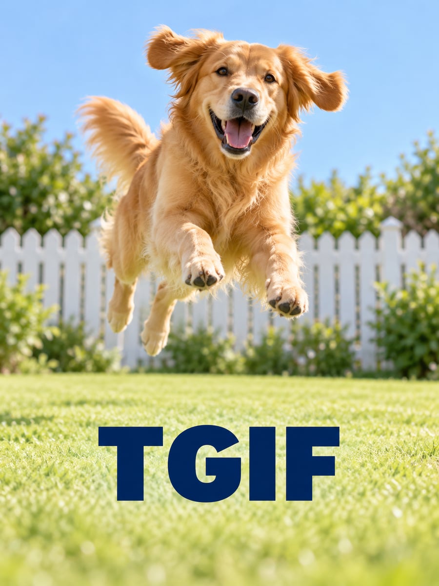 Happy Friday greeting image: golden retriever leaping happily across a backyard lawn. It says “TGIF”