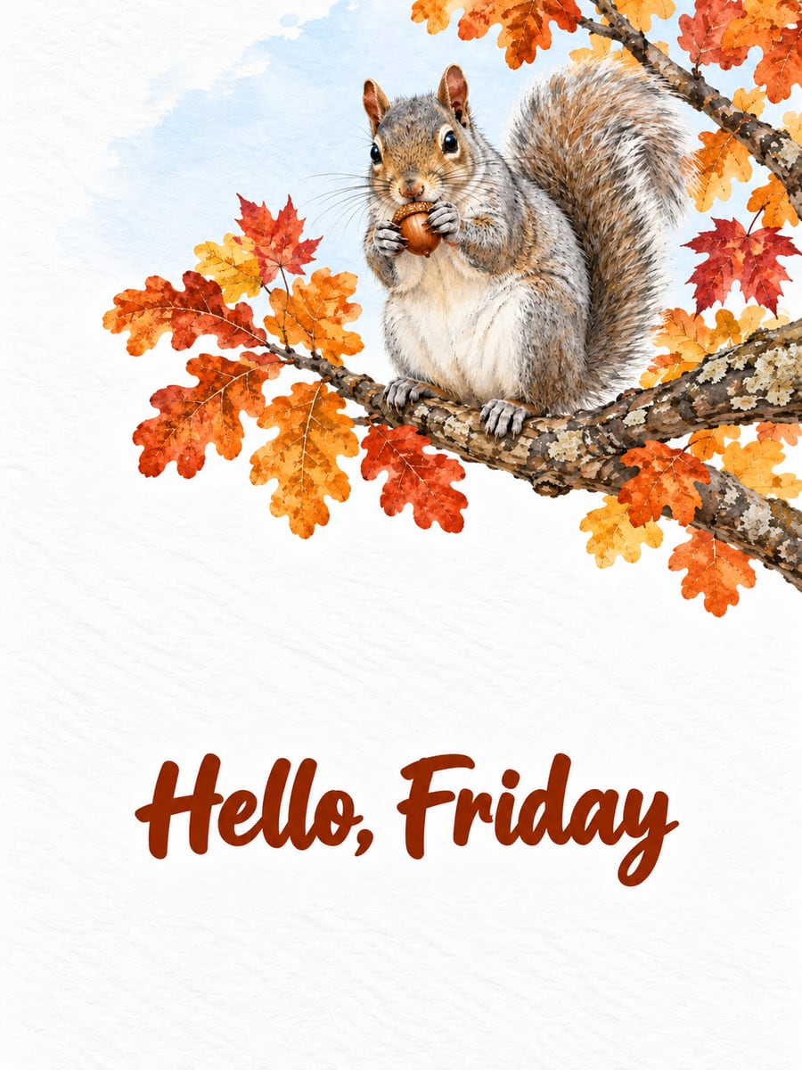 Happy Friday greeting image: gray squirrel nibbling an acorn on a leafy orange oak branch. It says “Hello, Friday”