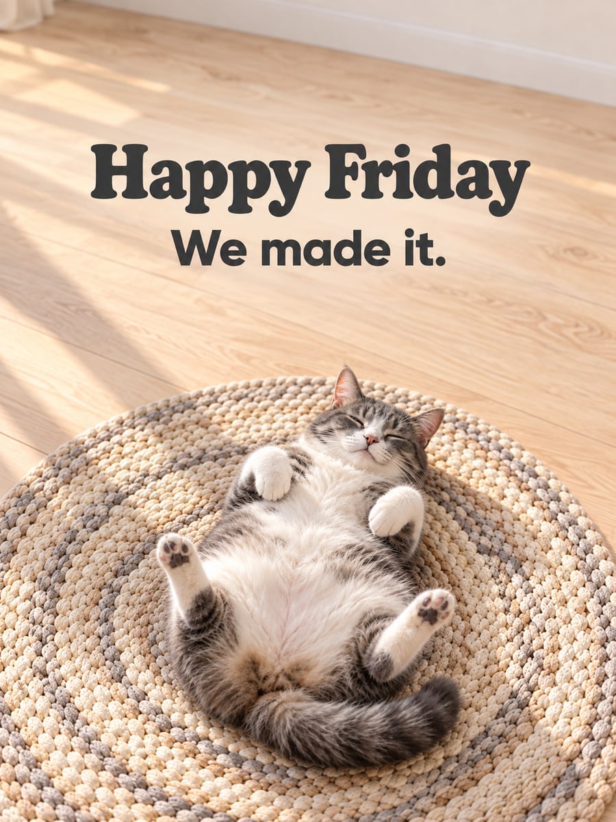Happy Friday greeting image: gray-and-white cat lying belly up on a braided rug. It says “Happy Friday” and “We made it.”