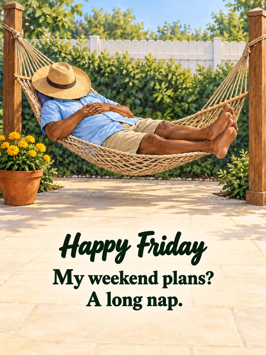 Happy Friday greeting image: man with medium brown skin napping in a rope hammock with a straw hat over his face. It says “Happy Friday” and “My weekend plans? A long nap.”