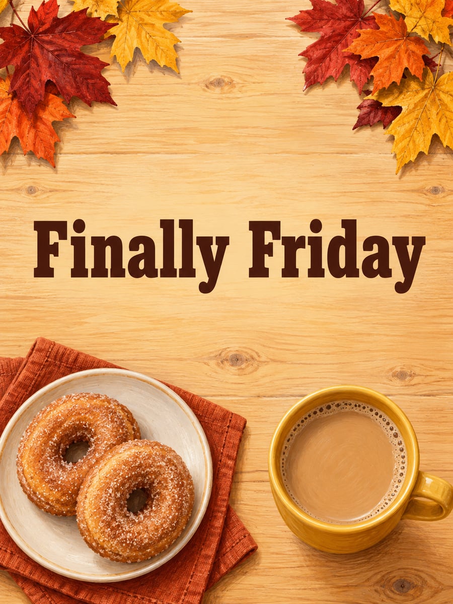 Happy Friday greeting image: mustard mug of coffee and two cinnamon-sugar donuts with maple leaves. It says “Finally Friday”