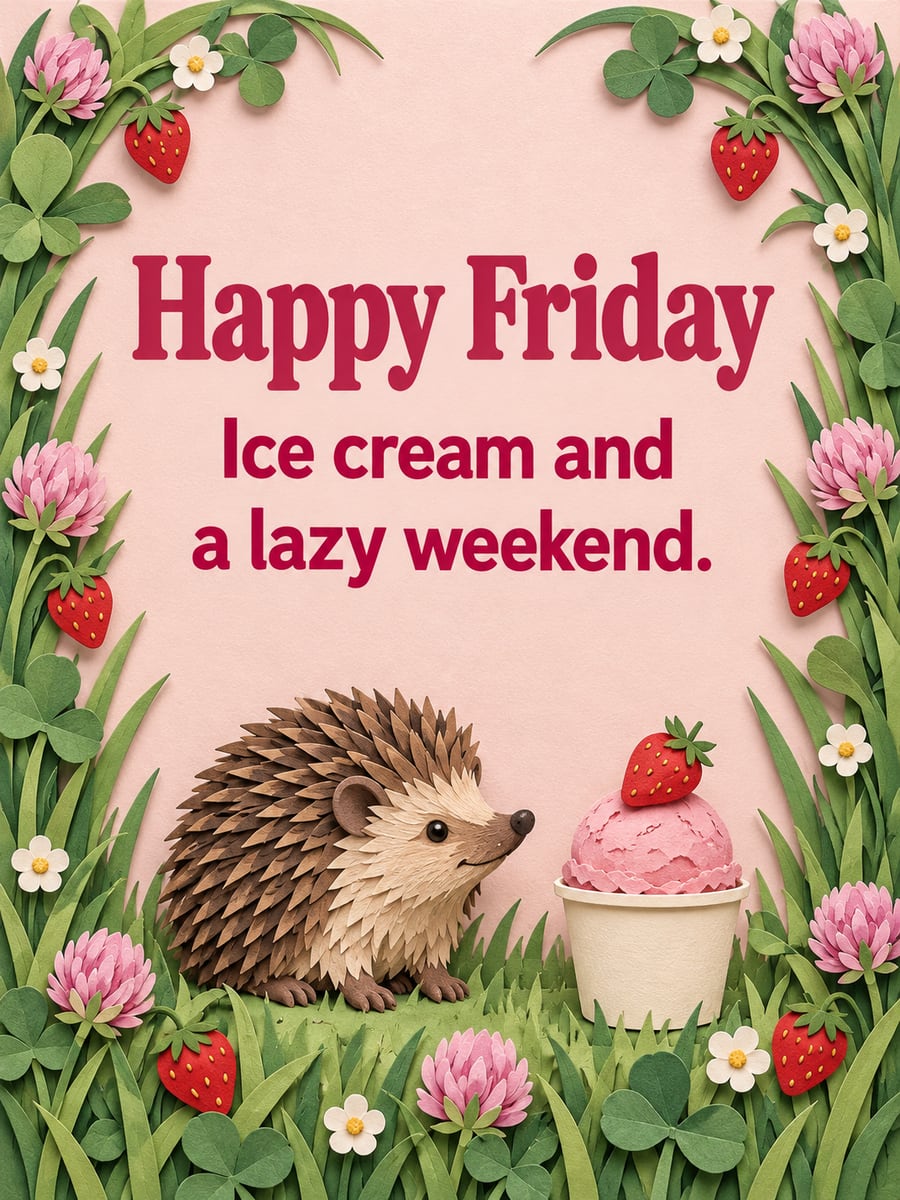 Happy Friday greeting image: paper-cut hedgehog beside a little cup of strawberry ice cream. It says “Happy Friday” and “Ice cream and a lazy weekend.”