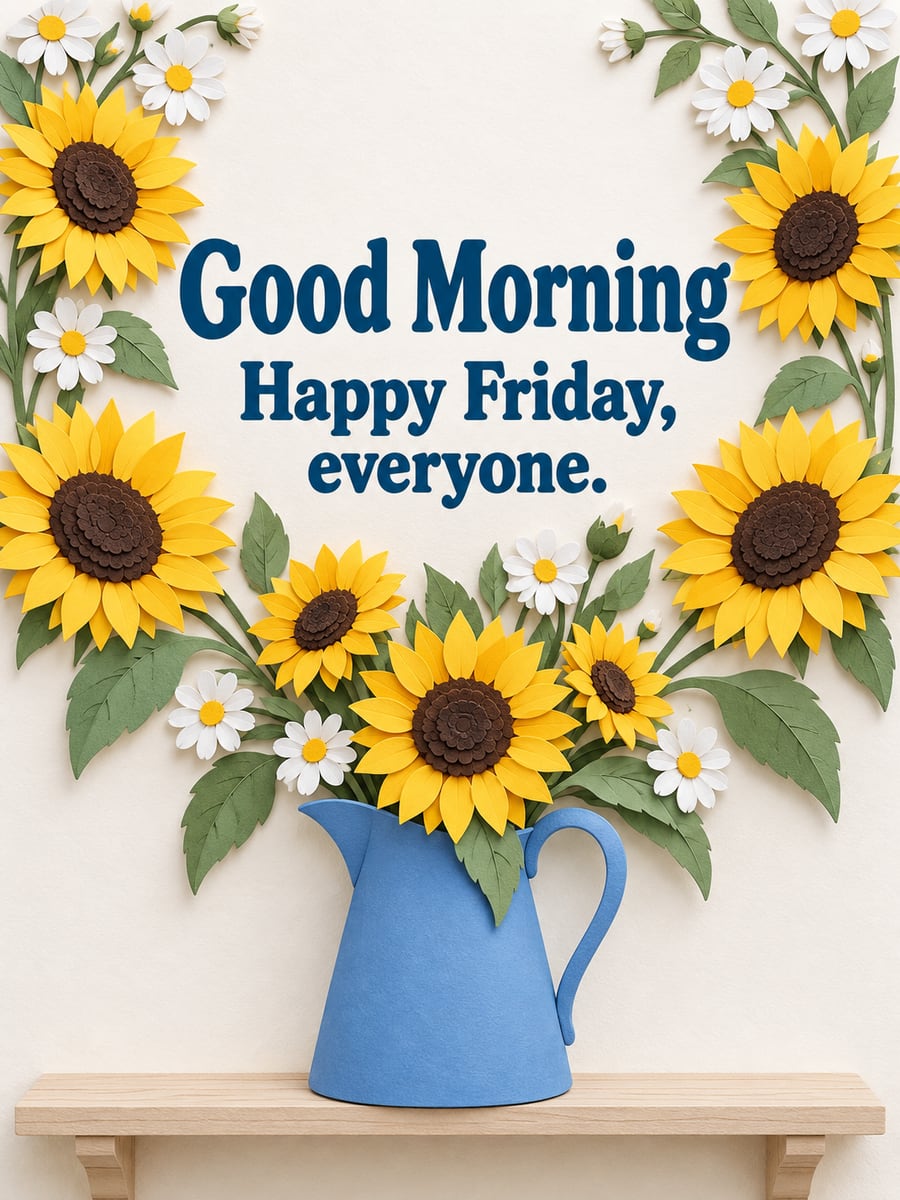 Happy Friday greeting image: paper-cut sunflowers and daisies in a plain blue pitcher. It says “Good Morning” and “Happy Friday, everyone.”