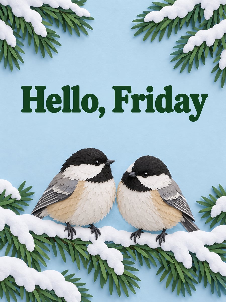 Happy Friday greeting image: two black-capped chickadees on a snowy evergreen bough. It says “Hello, Friday”