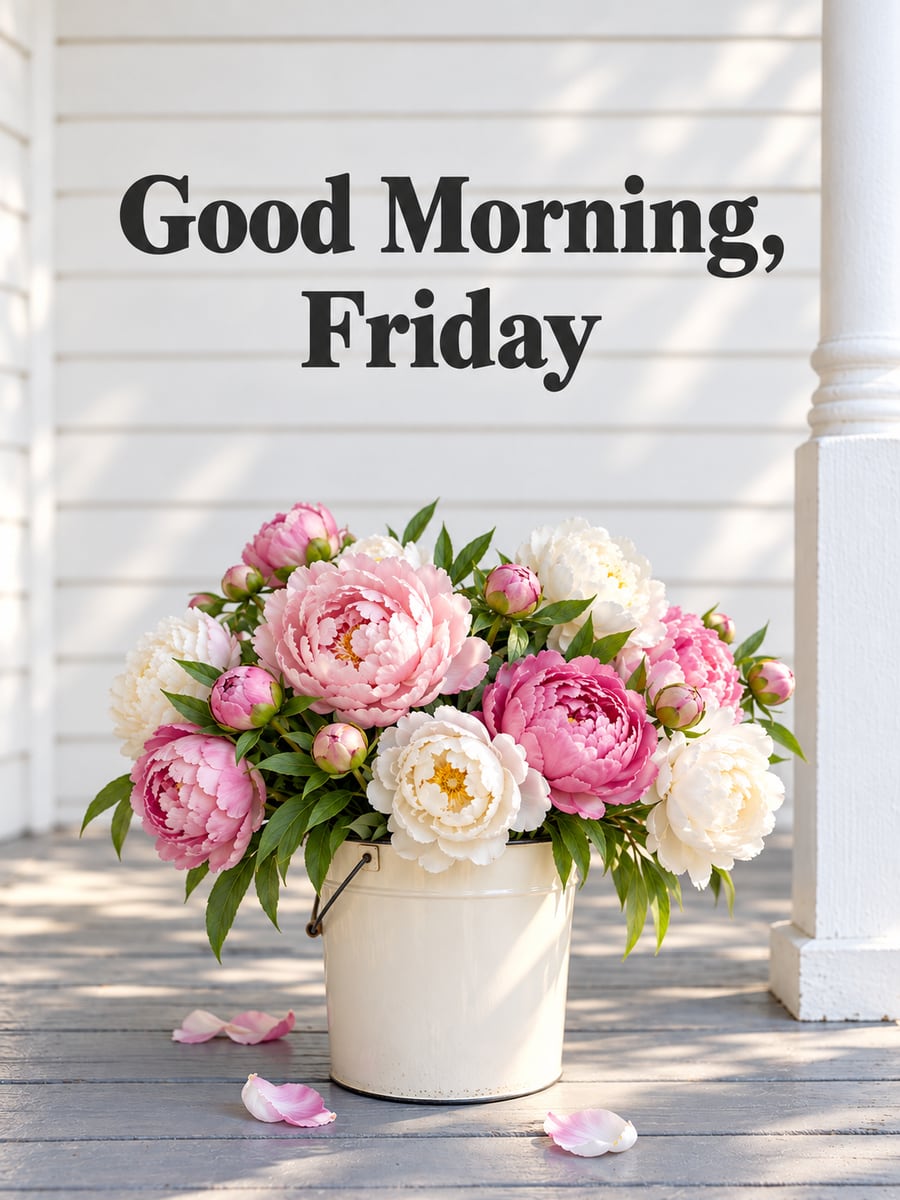 Happy Friday greeting image: pink and white peonies in a plain cream enamel bucket on a porch. It says “Good Morning, Friday”