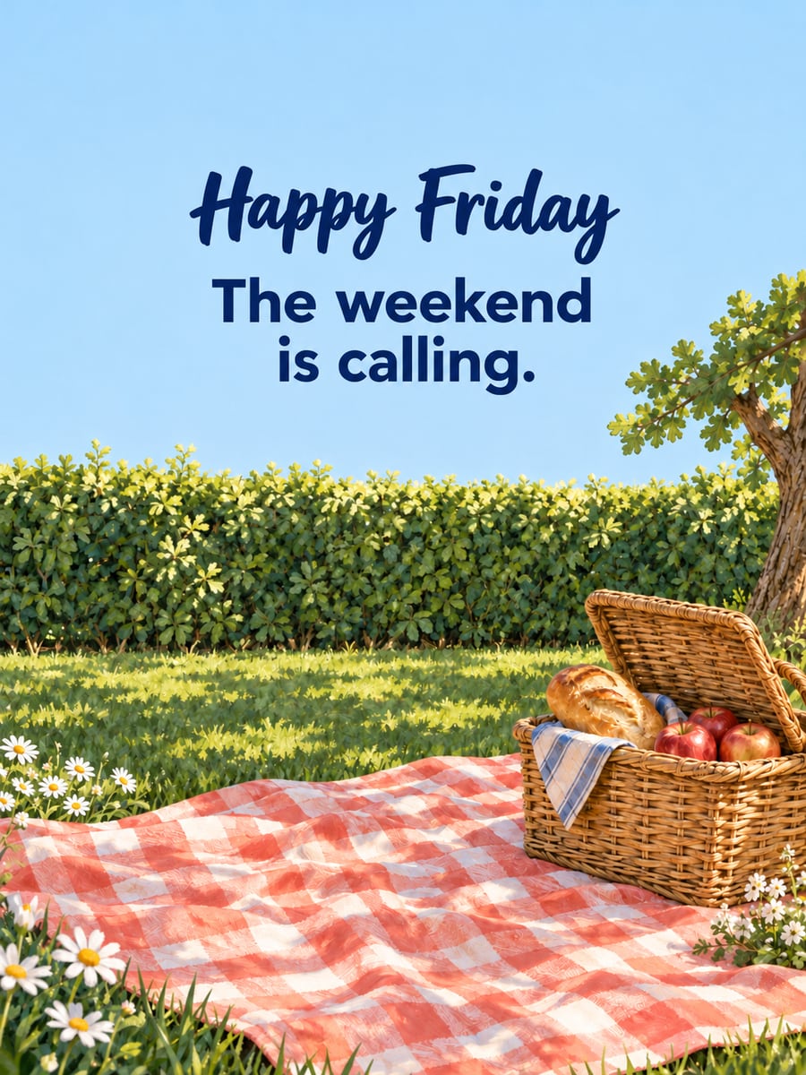 Happy Friday greeting image: gingham picnic blanket and a wicker basket under a leafy oak. It says “Happy Friday” and “The weekend is calling.”