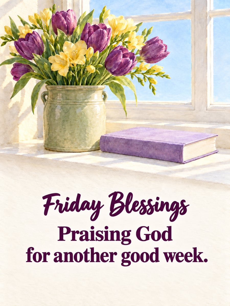 Happy Friday greeting image: purple tulips and yellow freesias in a sage-green crock beside a closed plain Bible. It says “Friday Blessings” and “Praising God for another good week.”