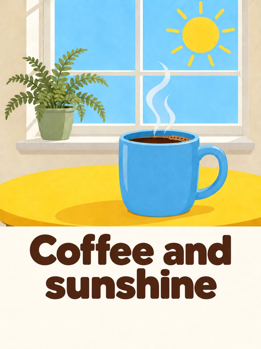 Happy Friday greeting image: big sky-blue mug of coffee on a round yellow table by a sunny window. It says “Coffee and sunshine”