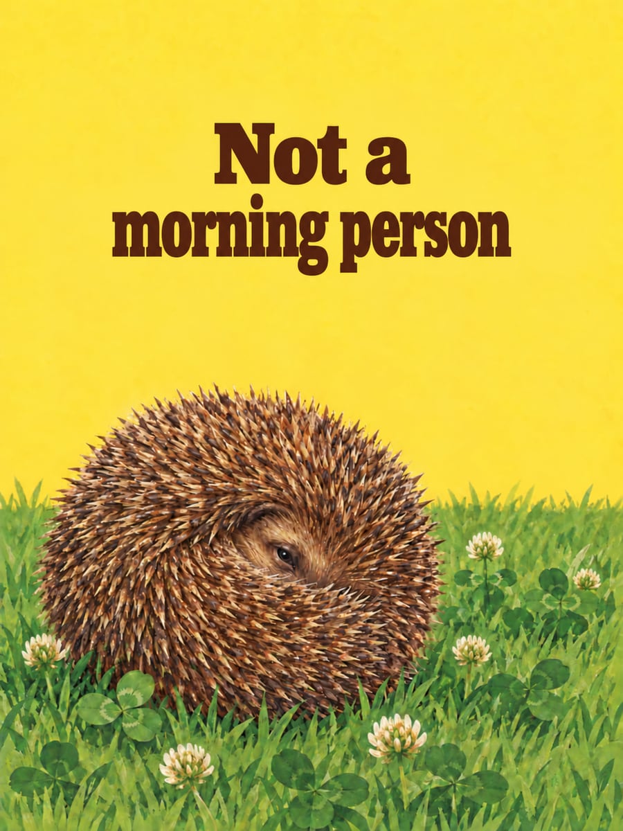 Happy Friday greeting image: sleepy hedgehog curled in a ball with one eye peeking out. It says “Not a morning person”