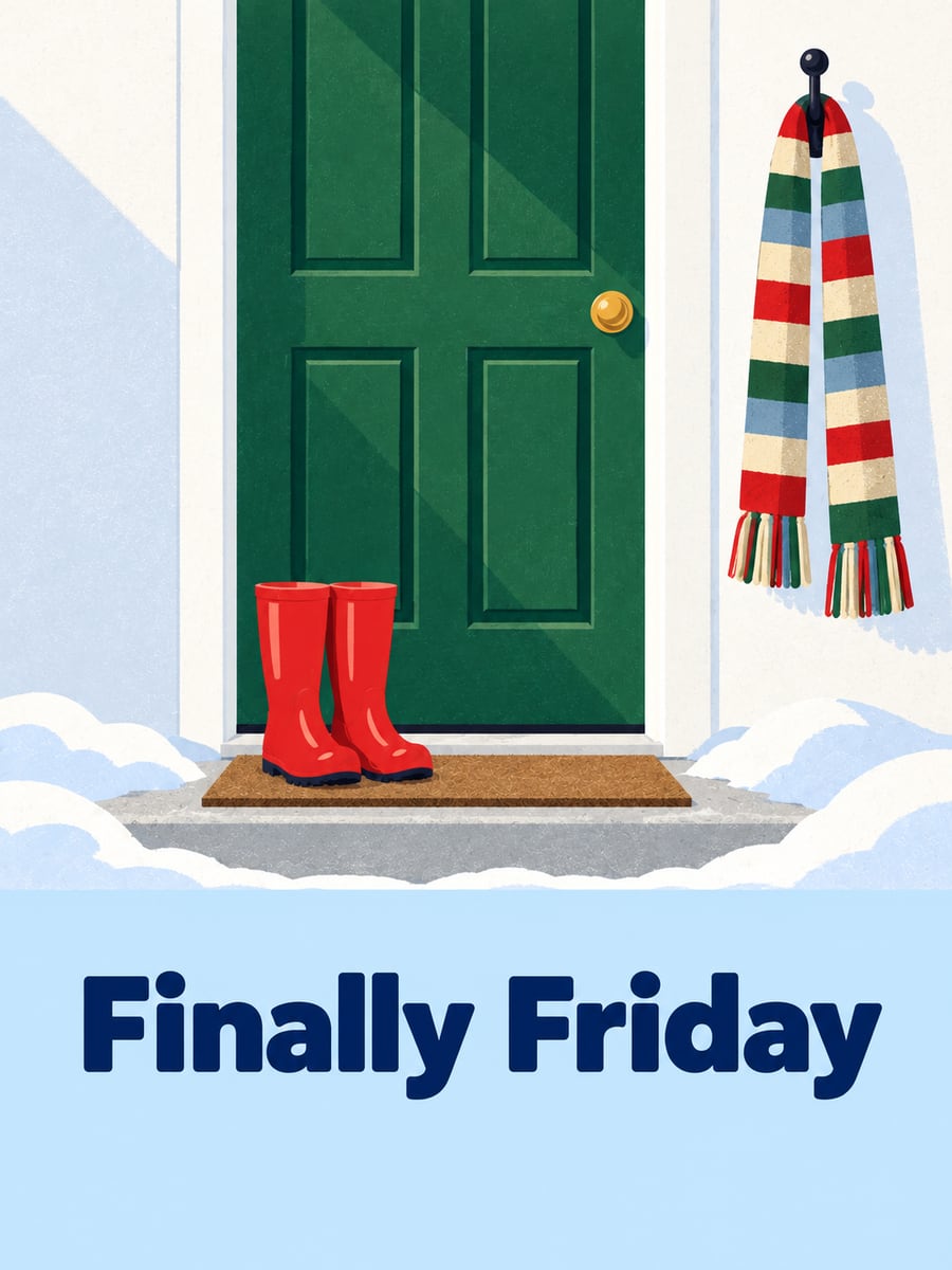Happy Friday greeting image: snowy pine-green front door with red boots on the mat and a knit scarf on a hook. It says “Finally Friday”