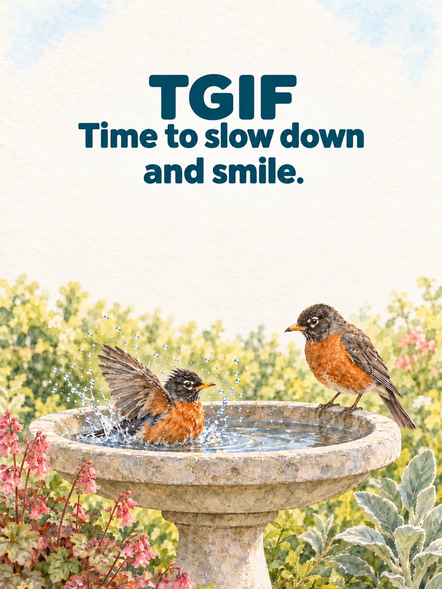 Happy Friday greeting image: two American robins splashing in a stone birdbath. It says “TGIF” and “Time to slow down and smile.”