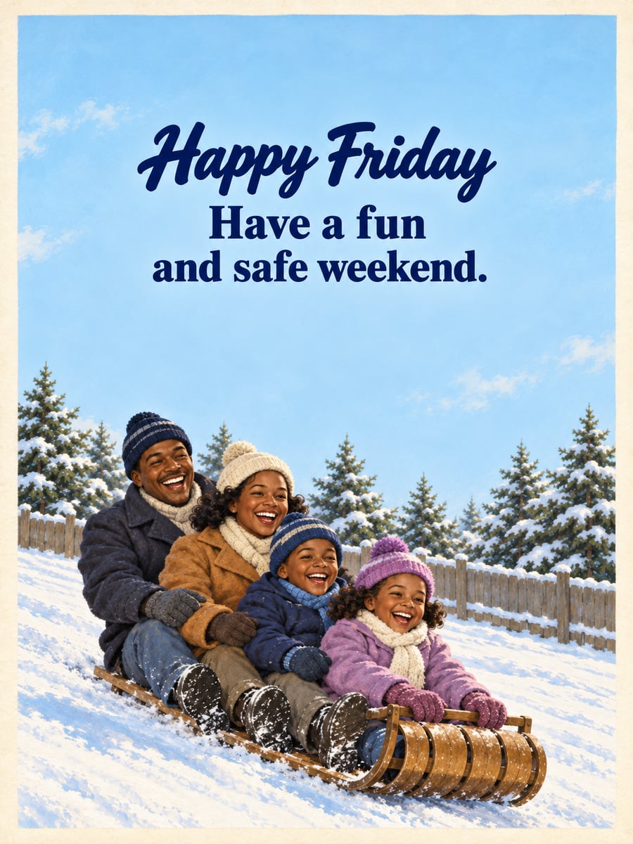 Happy Friday greeting image: Black family sledding down a small snowy backyard slope on a toboggan. It says “Happy Friday” and “Have a fun and safe weekend.”