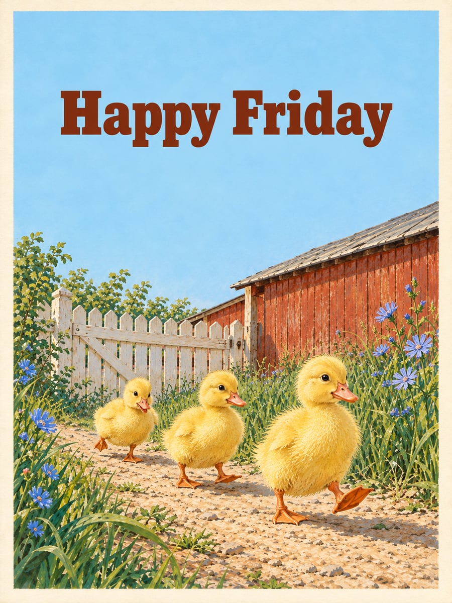 Happy Friday greeting image: three yellow ducklings walking in a row along a farm path. It says “Happy Friday”