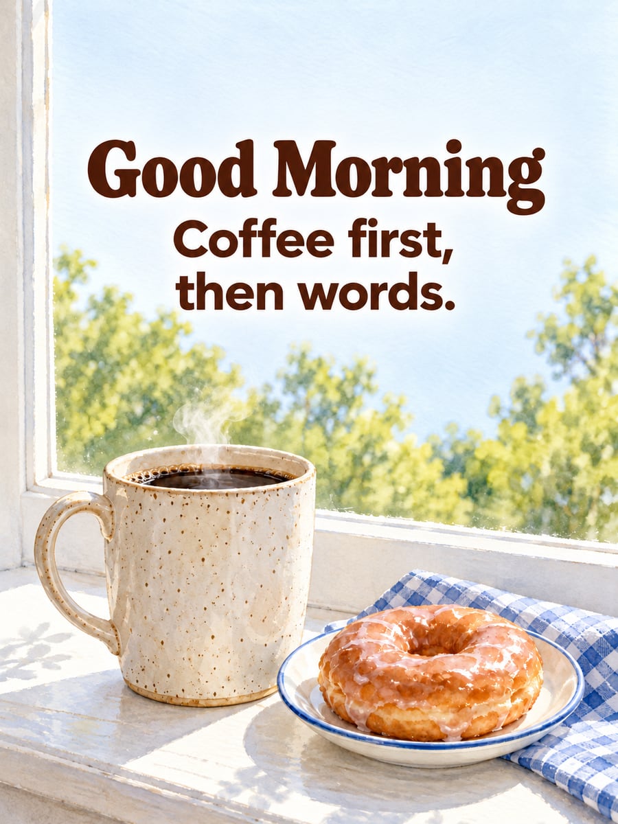 Happy Friday greeting image: speckled stoneware mug of coffee and a glazed donut on a windowsill. It says “Good Morning” and “Coffee first, then words.”