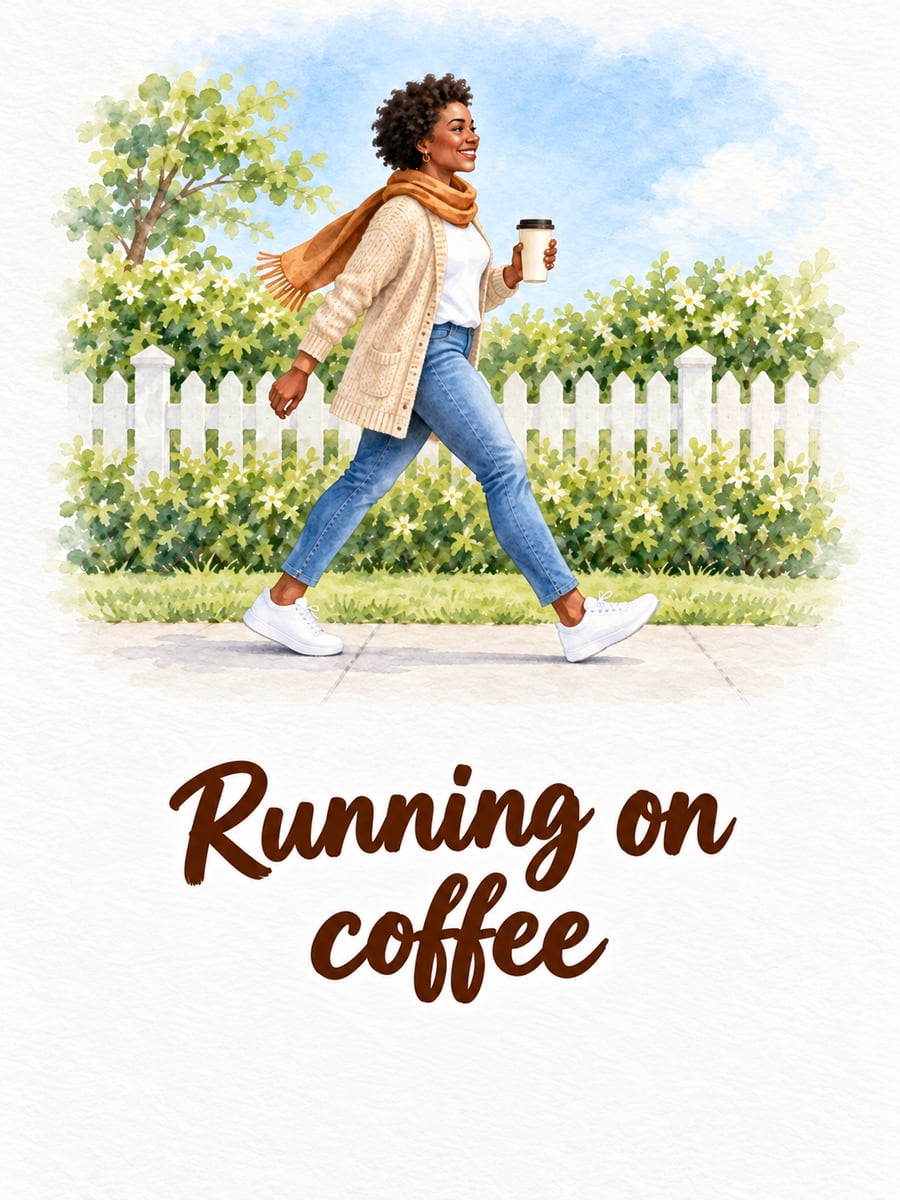 Happy Friday greeting image: woman with dark brown skin power-walking with a plain travel mug. It says “Running on coffee”
