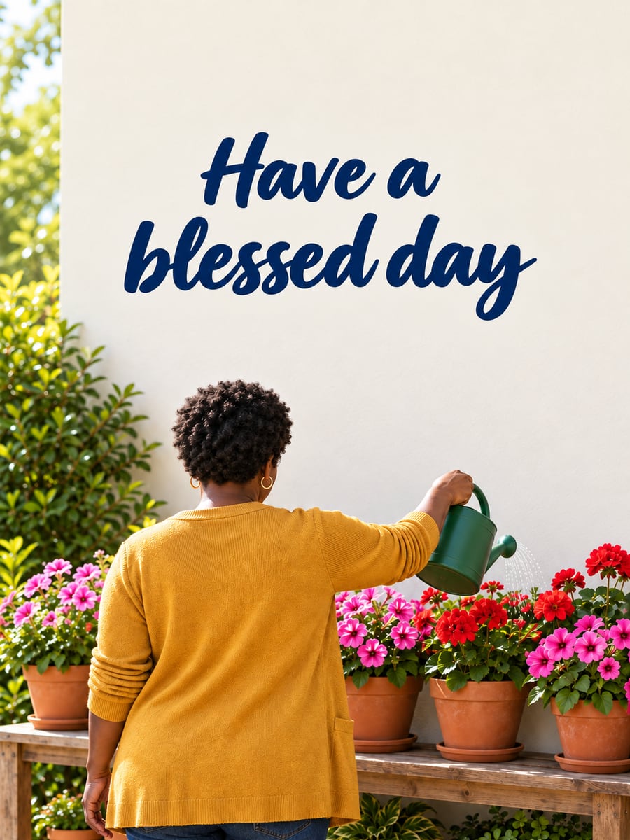 Happy Friday greeting image: Black woman seen from behind watering potted petunias and geraniums. It says “Have a blessed day”