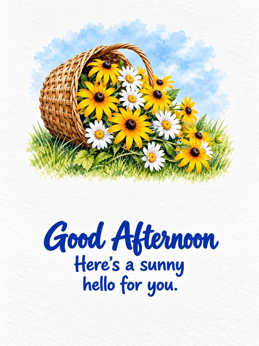 Good Afternoon greeting image: tipped garden basket spilling black-eyed Susans and daisies. It says “Good Afternoon” and “Here’s a sunny hello for you.”