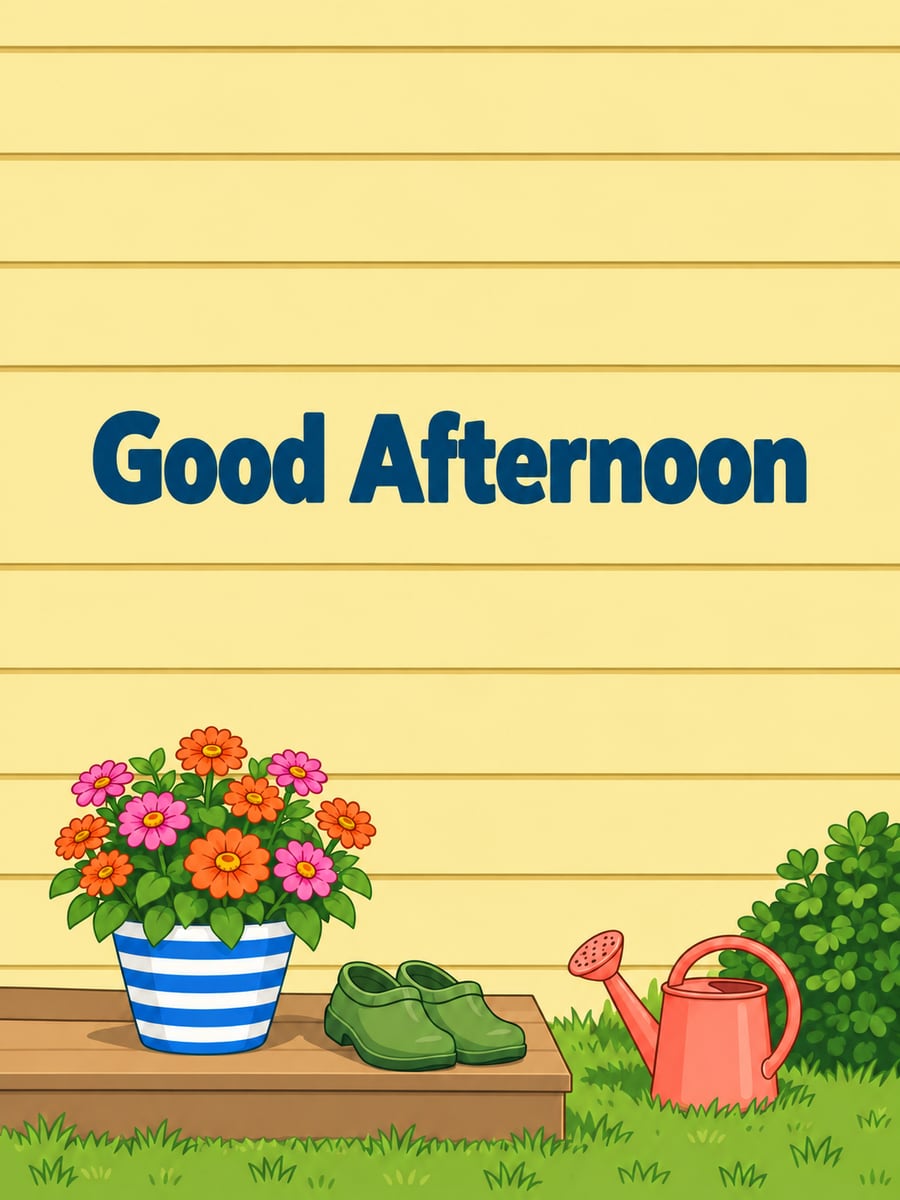 Good Afternoon greeting image: cartoon back step with a striped pot of zinnias and a pair of garden clogs. It says “Good Afternoon”