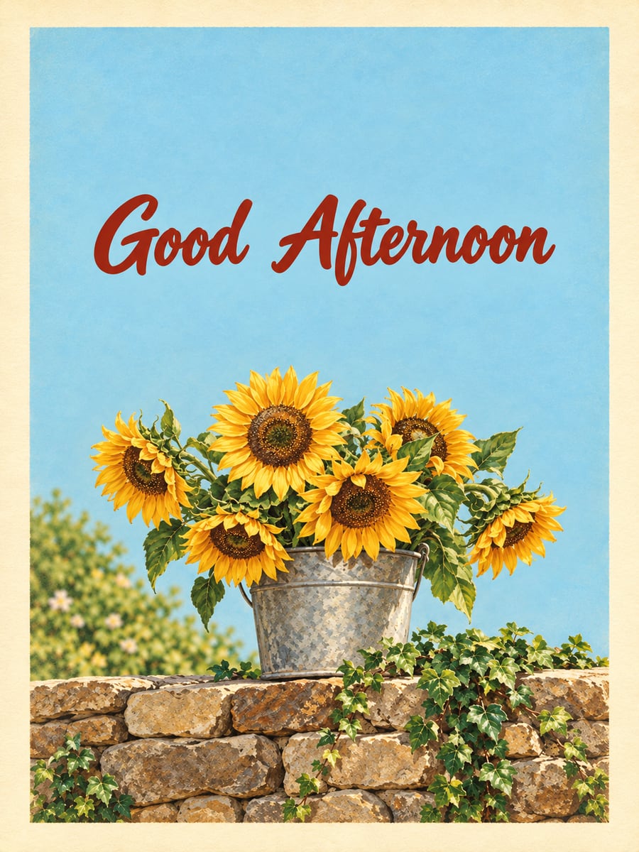 Good Afternoon greeting image: galvanized bucket of sunflowers on a sunny garden wall. It says “Good Afternoon”