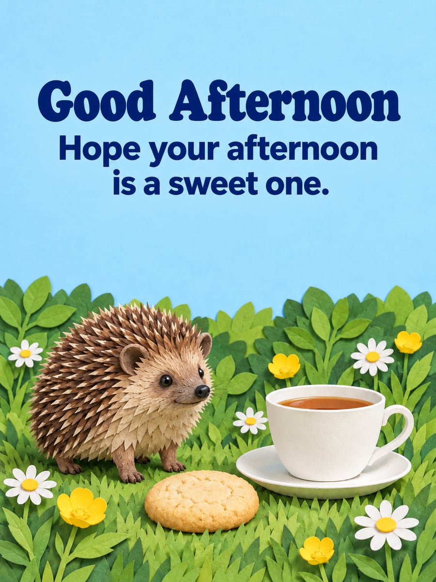 Good Afternoon greeting image: brown hedgehog standing beside a sugar cookie and a plain white teacup. It says “Good Afternoon” and “Hope your afternoon is a sweet one.”
