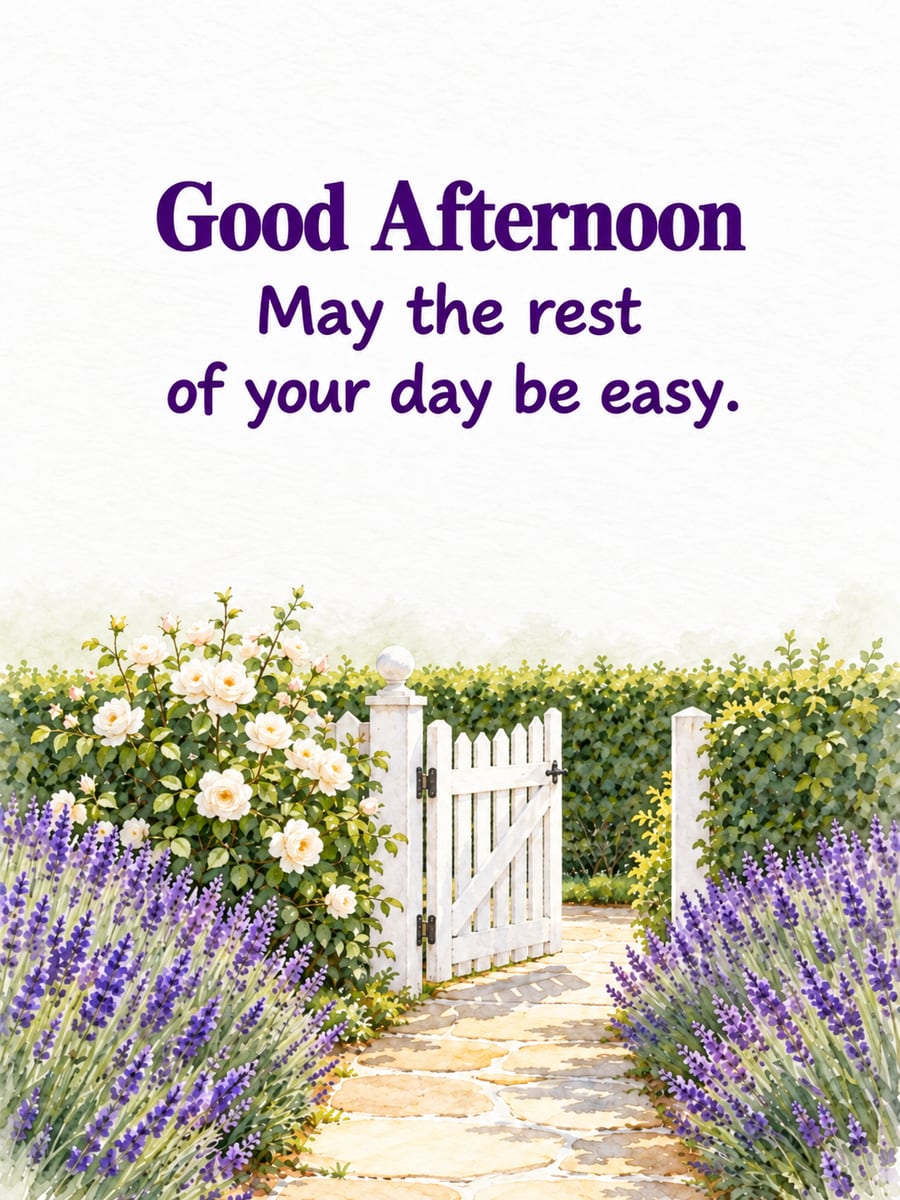 Good Afternoon greeting image: sunny garden path lined with lavender leading to a white picket gate. It says “Good Afternoon” and “May the rest of your day be easy.”