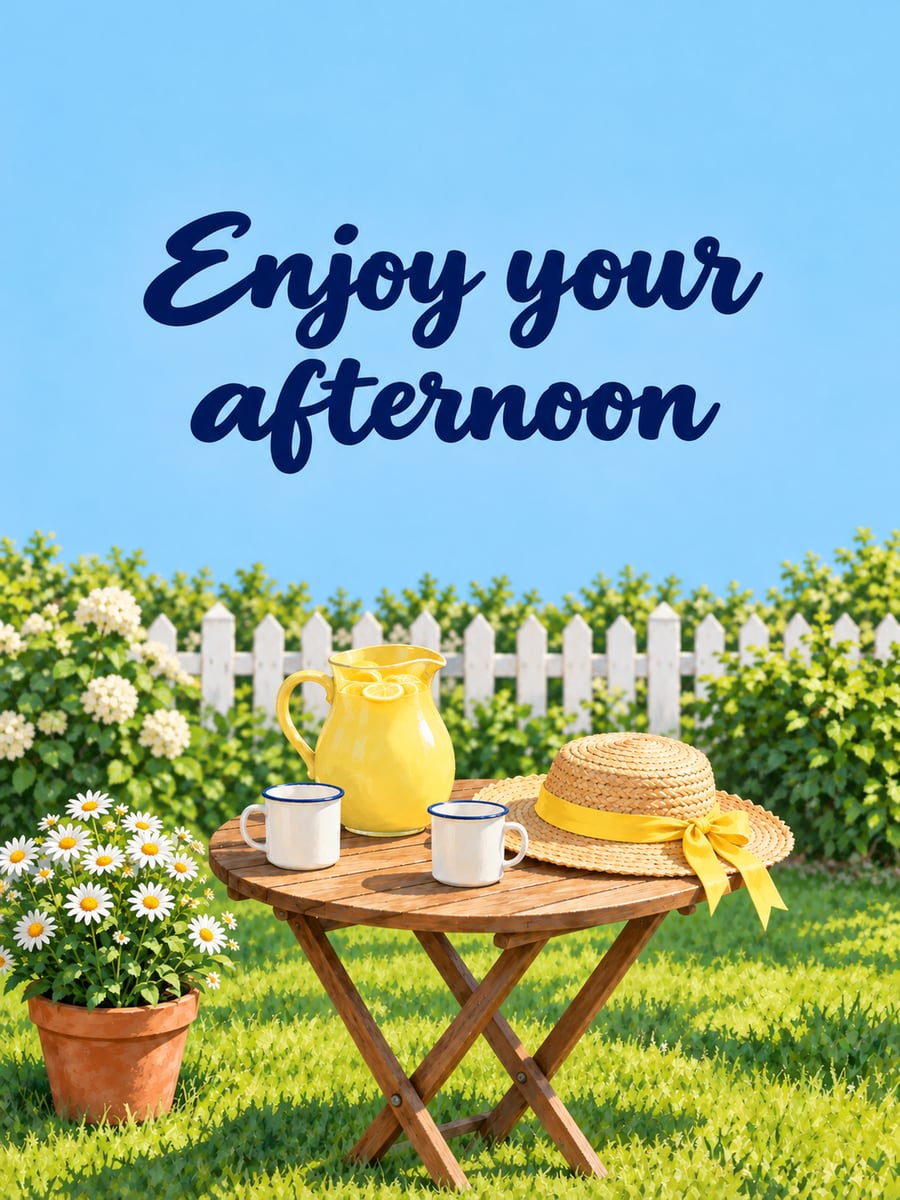 Good Afternoon greeting image: round wooden garden table with a pitcher of lemonade, two plain cups and a straw sun hat. It says “Enjoy your afternoon”