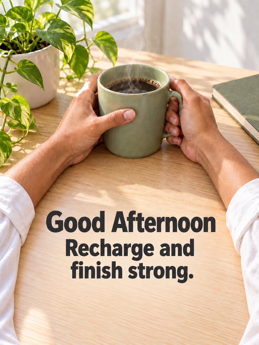 Good Afternoon greeting image: two adult hands around a plain mug on a tidy desk beside a green plant. It says “Good Afternoon” and “Recharge and finish strong.”