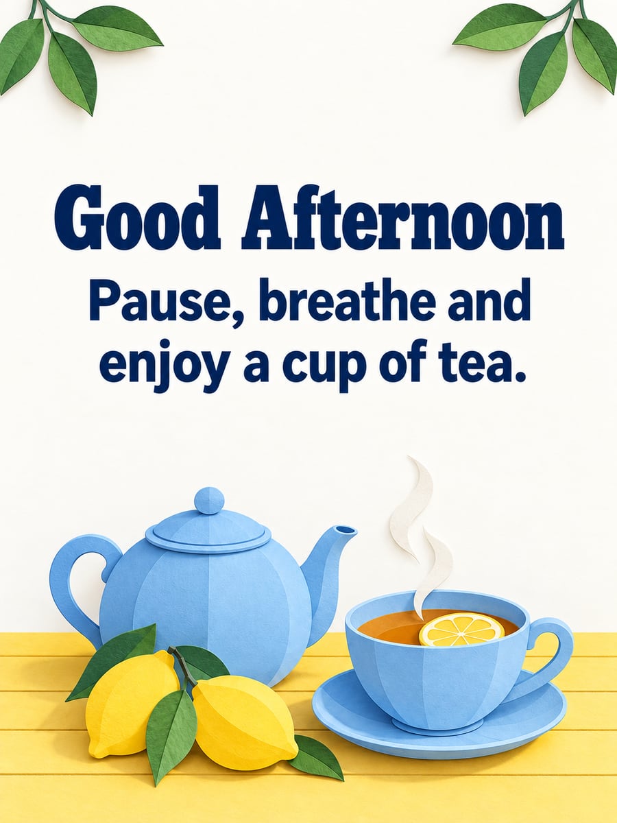 Good Afternoon greeting image: paper-cut teapot and teacup with a lemon slice on a sunny table. It says “Good Afternoon” and “Pause, breathe and enjoy a cup of tea.”