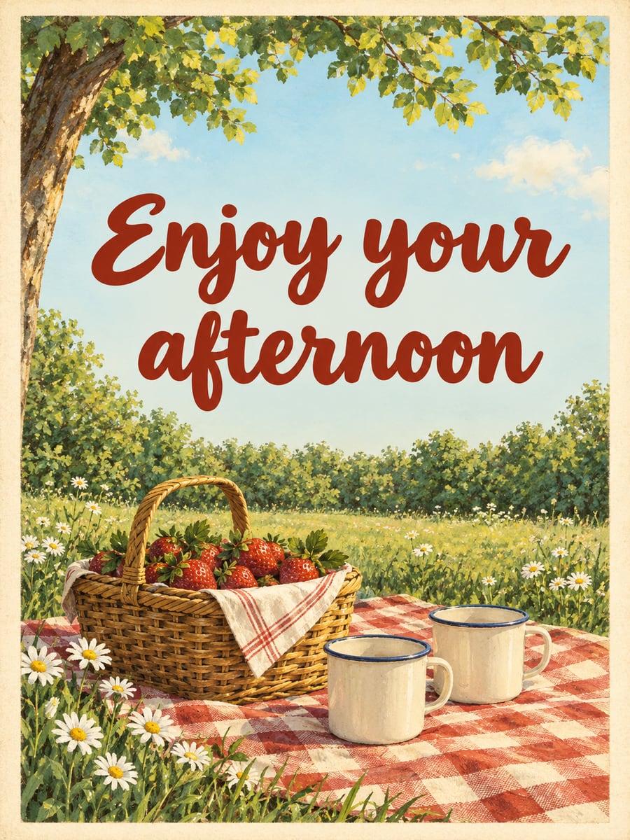 Good Afternoon greeting image: checked picnic blanket with a basket of strawberries under a shade tree. It says “Enjoy your afternoon”
