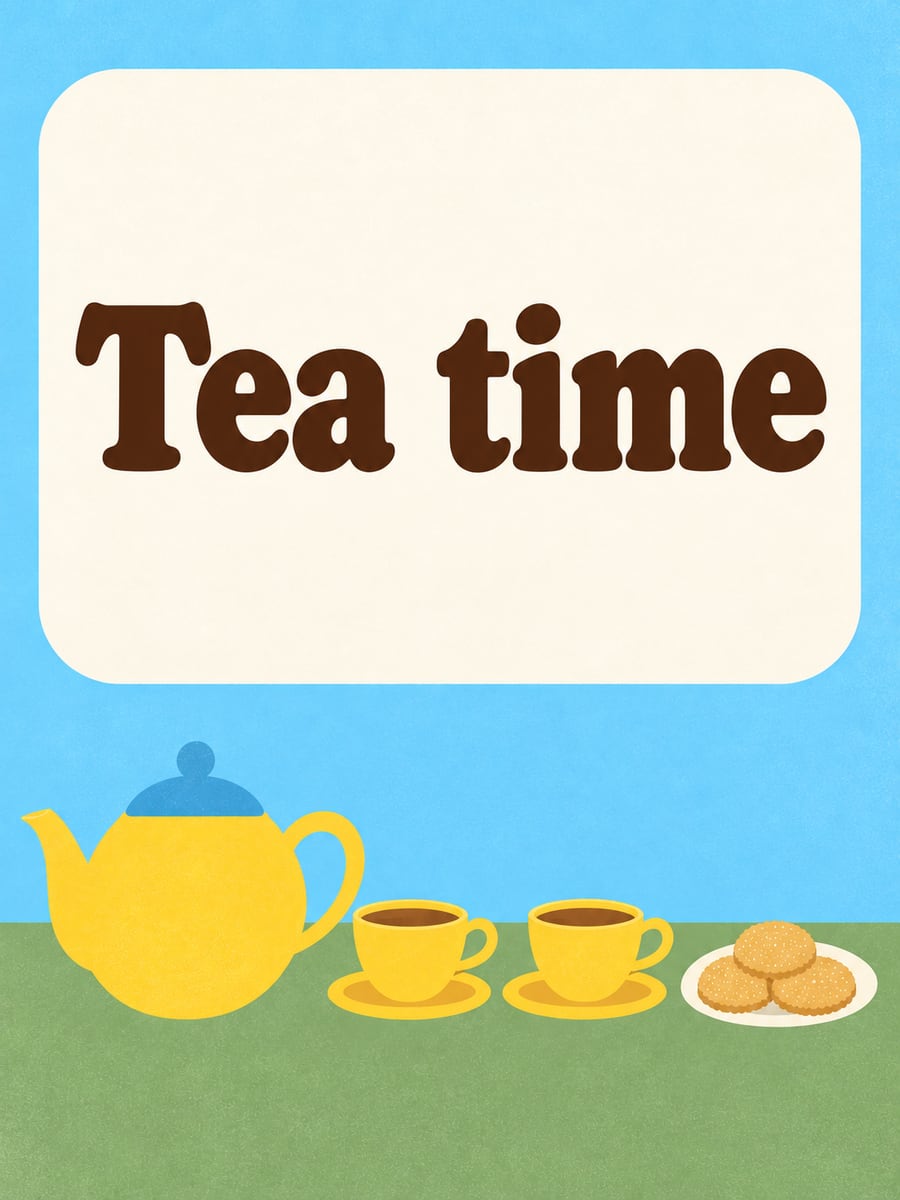 Good Afternoon greeting image: retro round teapot, two teacups and a plate of cookies. It says “Tea time”