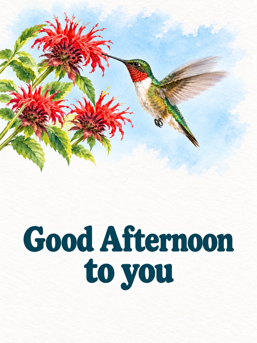 Good Afternoon greeting image: ruby-throated hummingbird hovering by scarlet monarda flowers. It says “Good Afternoon to you”