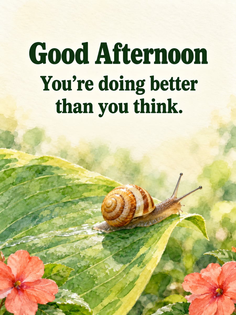 Good Afternoon greeting image: small striped snail creeping along a big sunlit hosta leaf. It says “Good Afternoon” and “You’re doing better than you think.”