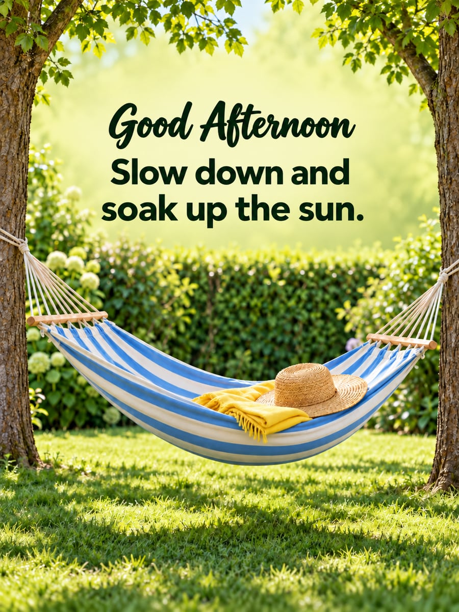 Good Afternoon greeting image: striped hammock between two shade trees in a sunny backyard. It says “Good Afternoon” and “Slow down and soak up the sun.”
