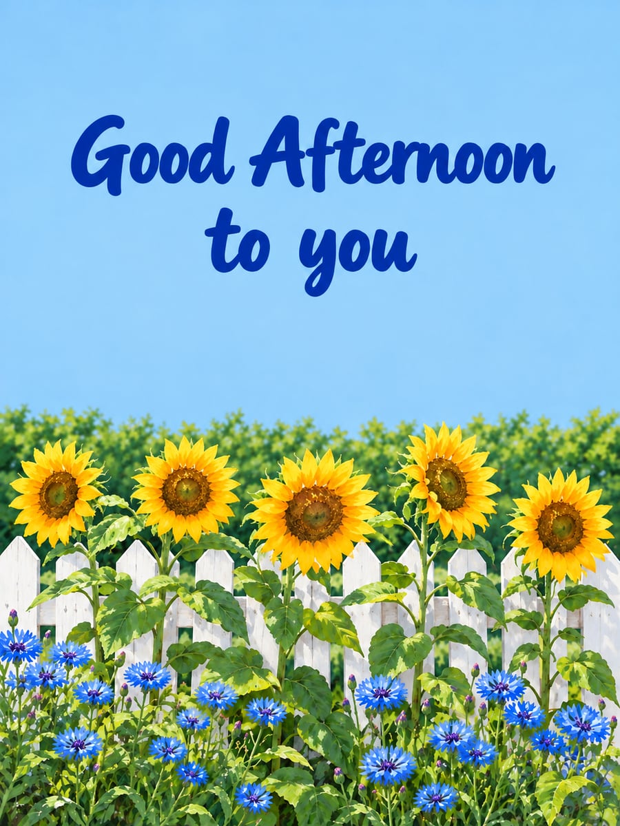 Good Afternoon greeting image: tall sunflowers and blue cornflowers against a white picket fence. It says “Good Afternoon to you”