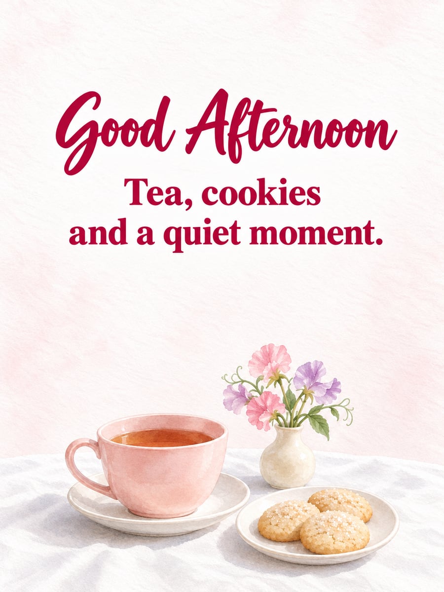 Good Afternoon greeting image: teacup, sugar cookies and a small vase of sweet peas. It says “Good Afternoon” and “Tea, cookies and a quiet moment.”