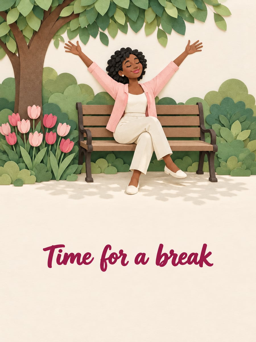 Good Afternoon greeting image: woman with deep brown skin stretching her arms on a park bench under a shade tree. It says “Time for a break”