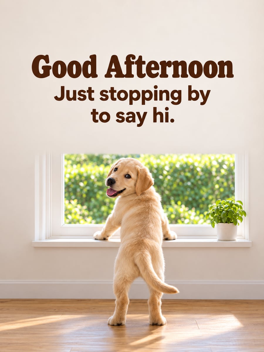 Good Afternoon greeting image: yellow Labrador puppy with its front paws on a sunny windowsill. It says “Good Afternoon” and “Just stopping by to say hi.”