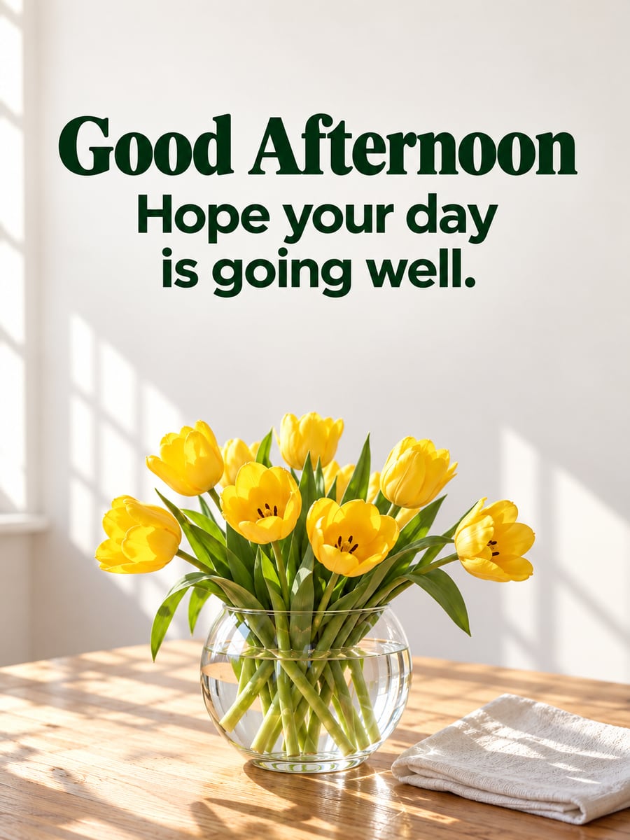 Good Afternoon greeting image: vase of yellow tulips on a sunlit kitchen table. It says “Good Afternoon” and “Hope your day is going well.”