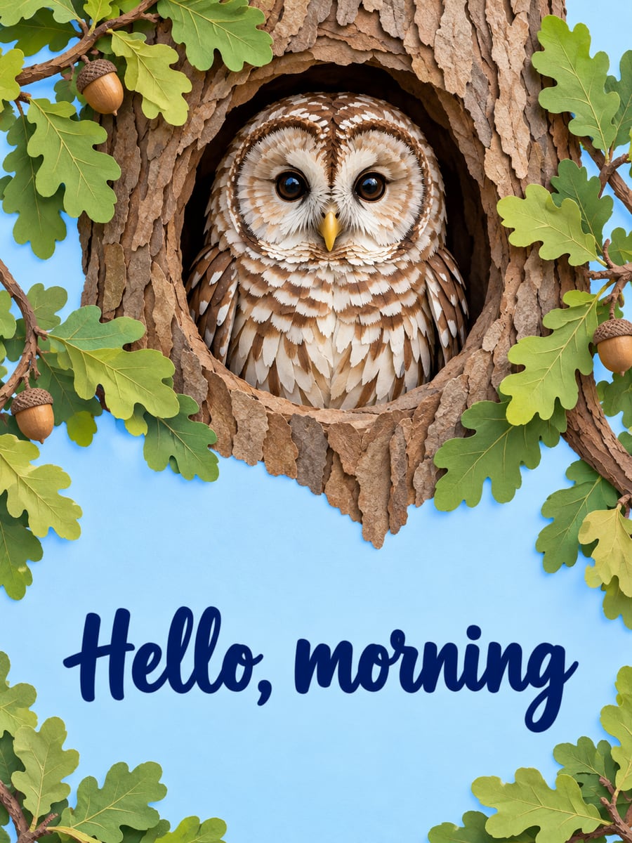 Good Morning greeting image: barred owl peeking out of an oak tree hollow framed by green leaves. It says “Hello, morning”