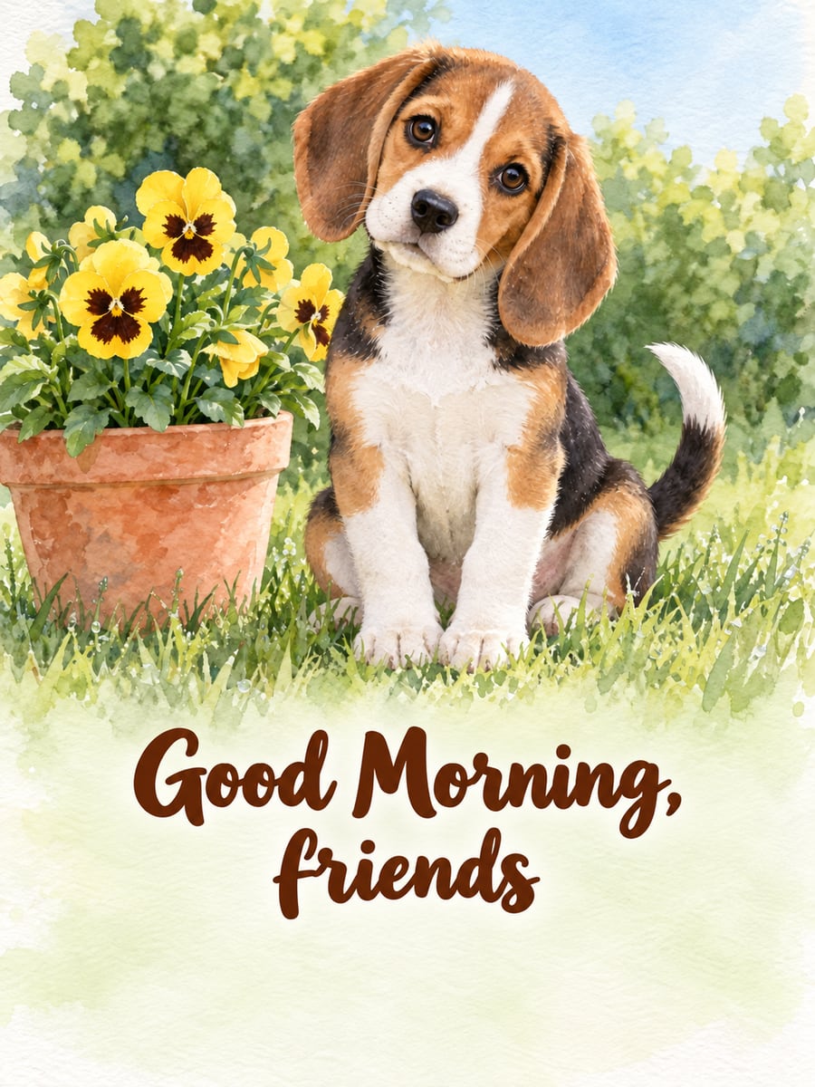Good Morning greeting image: beagle puppy in dewy grass beside a pot of yellow pansies. It says “Good Morning, friends”