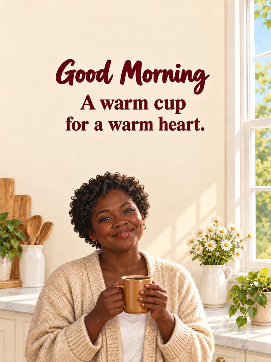 Good Morning greeting image: Black woman with deep brown skin smiling at her kitchen window with a mug of coffee. It says “Good Morning” and “A warm cup for a warm heart.”